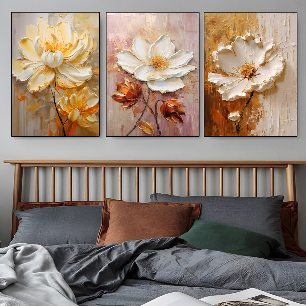 Home Cinema Wall Art - Luxury Floral Canvas Prints,Textured White Gold