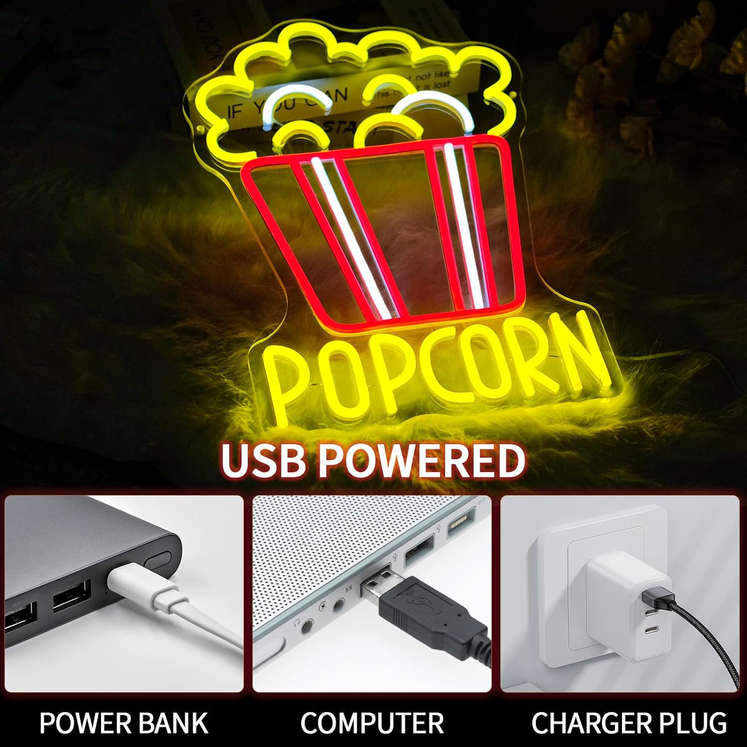 Popcorn Neon Sign Dimmable Foo - Home Cinema Food ulasan dan harga